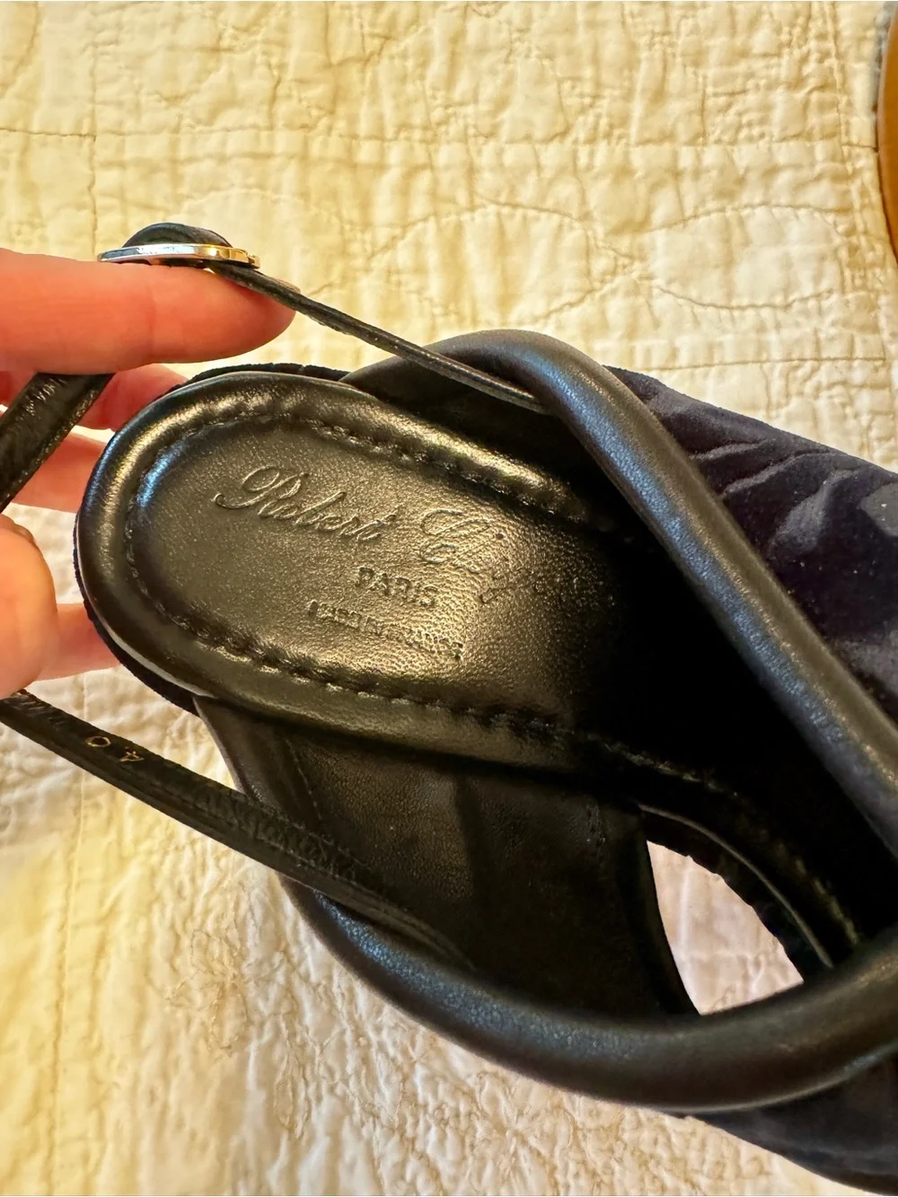 NEW Robert Clergerie Dark Blue Leather Velvet Platform Slingback Sandals